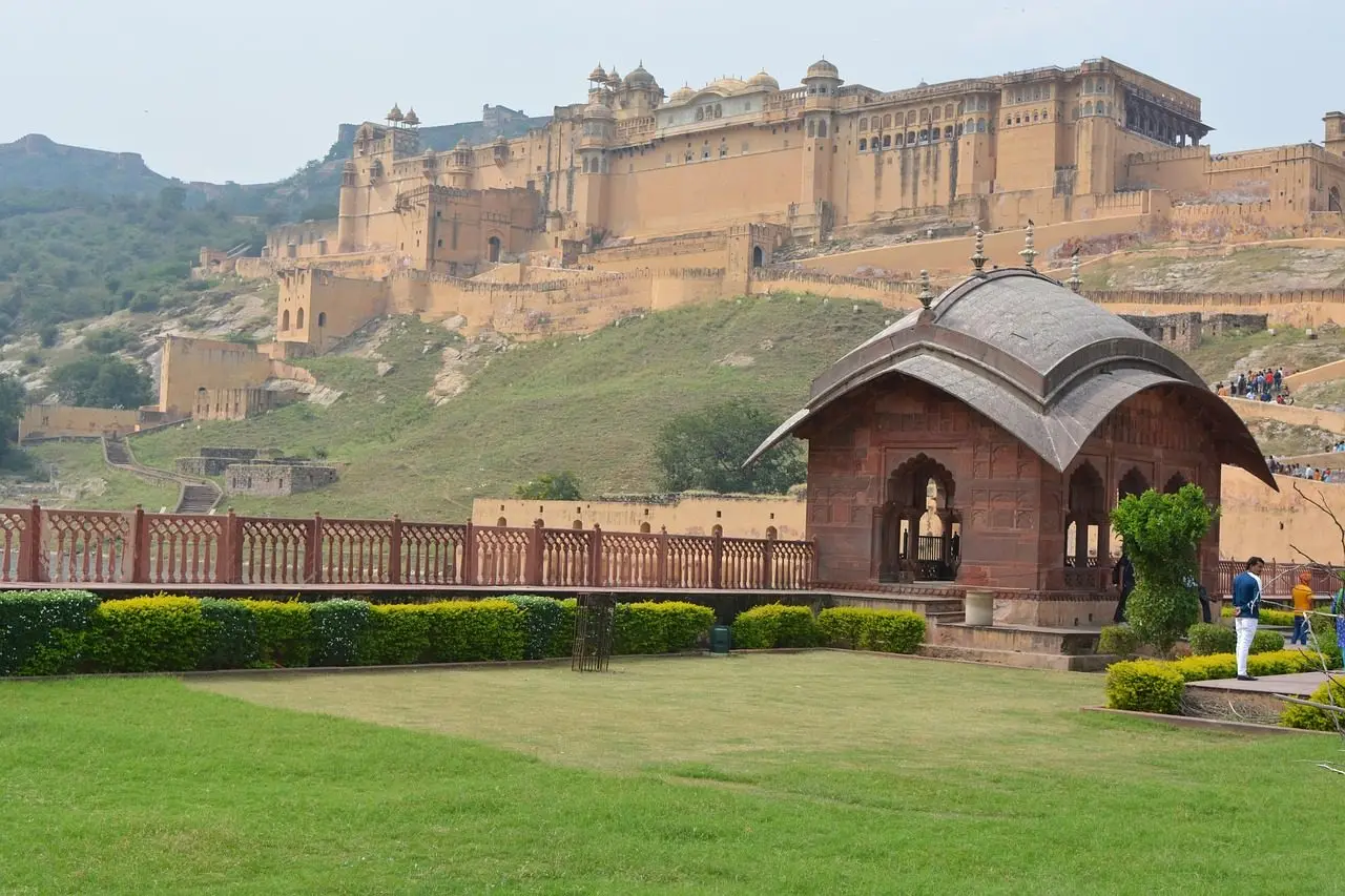 Amber Fort rising above its gardens on the hillside at Amer, near Jaipur