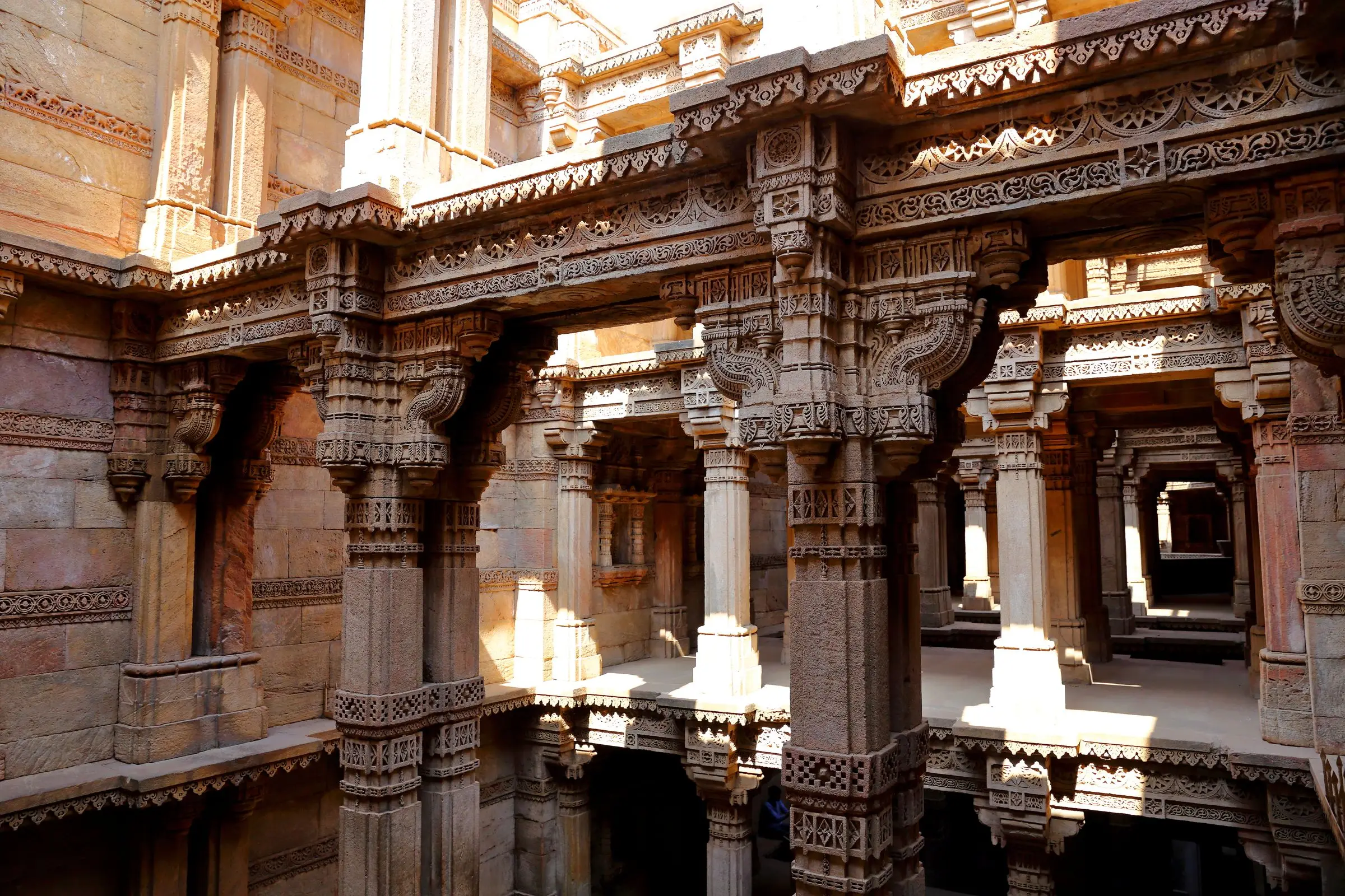 Carved pillars and galleries inside the Rani ki Vav stepwell, Patan
